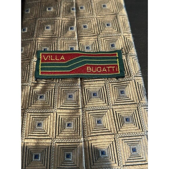 VILLA BUGATTI Men's Tie Gold and Blue Geographic Pattern 100% Silk - Picture 5 of 6